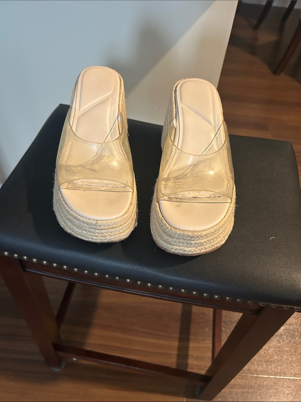 Zara Clear Strap Espadrille Wedge Sandals in Cream